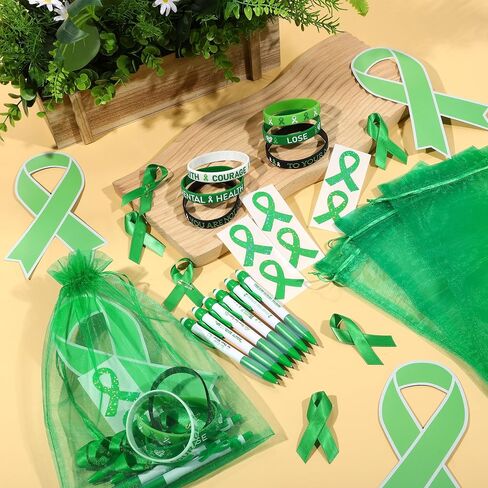 Aodaer 144 Pieces Mental Health Awareness Accessories Set of 24 Green Ribbon Charity Giveaways Favor Pack Include Silicone Bracelets Green Ribbon Pins Pens Button Badge Stickers Organza Bags in Saudi Arabia