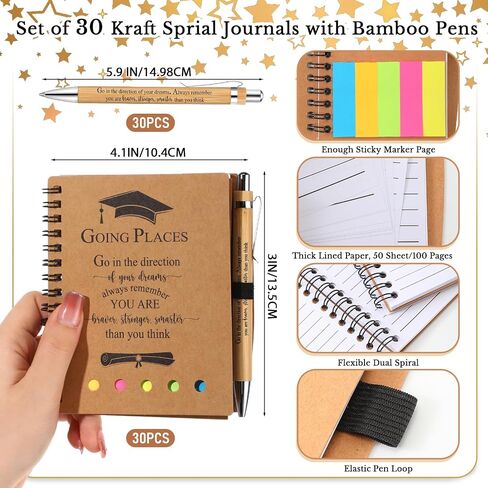 20 Set Graduation Gift Bulk Class of 2025 Inspirational Spiral Kraft Notebook with Sticky Note Bamboo Ballpoint Pen Notepad for Graduation Party Favors Student Teacher College Graduate in Saudi Arabia