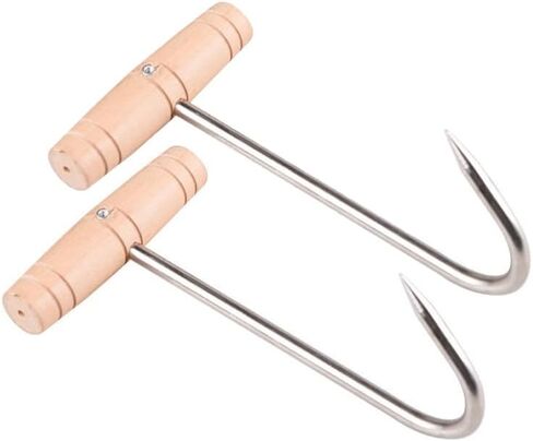 Meow&Woof 2 Pack Meat Hook for Hanging Horse, Goat Hay Feeder Hooks - Easy to Use Metal Hooks for Effortless Hay Moving Farm Utility, Wood Handle for Comfortable Grip with S Hooks-6.5 Inch in Saudi Arabia