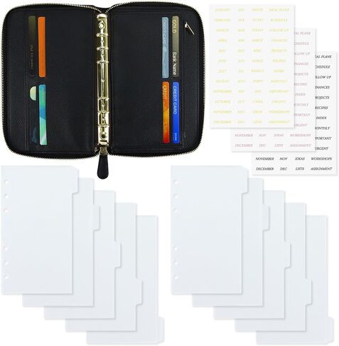 محفظة الميزانية A6 مع مظاريف نقدية ، غلاف جلدي Black Planner PU مع Zipper 6 Rings منظم مستندات قابلة لإعادة التعبئة للميزانية النقدية والتوفير in Kuwait