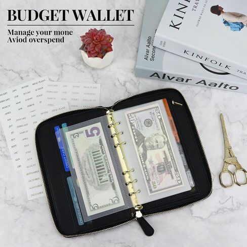 محفظة الميزانية A6 مع مظاريف نقدية ، غلاف جلدي Black Planner PU مع Zipper 6 Rings منظم مستندات قابلة لإعادة التعبئة للميزانية النقدية والتوفير in Kuwait