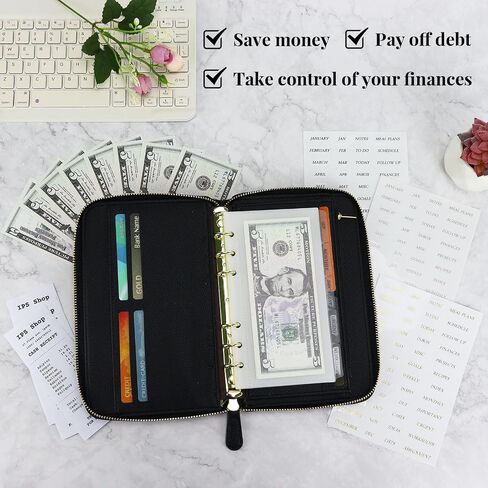 محفظة الميزانية A6 مع مظاريف نقدية ، غلاف جلدي Black Planner PU مع Zipper 6 Rings منظم مستندات قابلة لإعادة التعبئة للميزانية النقدية والتوفير in Kuwait