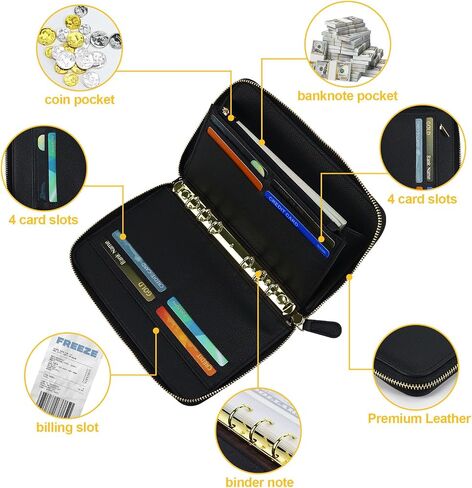 محفظة الميزانية A6 مع مظاريف نقدية ، غلاف جلدي Black Planner PU مع Zipper 6 Rings منظم مستندات قابلة لإعادة التعبئة للميزانية النقدية والتوفير in Kuwait