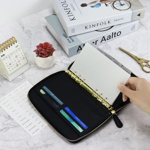 محفظة الميزانية A6 مع مظاريف نقدية ، غلاف جلدي Black Planner PU مع Zipper 6 Rings منظم مستندات قابلة لإعادة التعبئة للميزانية النقدية والتوفير in Kuwait