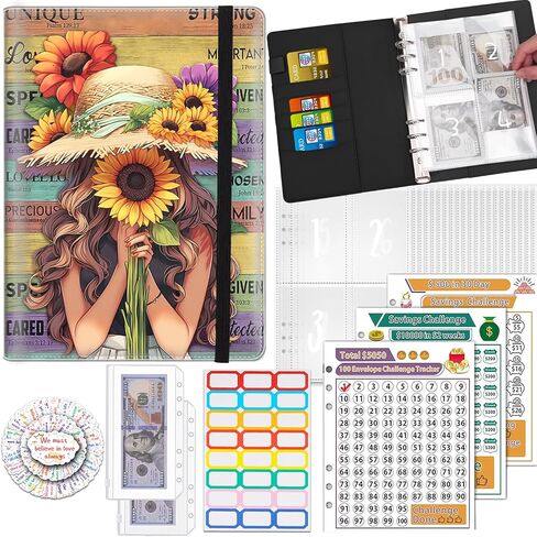 100 Envelopes Money Saving Challenge Binder, A5 Budget Binder with 25 pcs Cash Envelopes, 3 pcs Reusable Laminated Trackers Saving, Money Organizer，Black Girl African Women Girl Sunflower in Kuwait