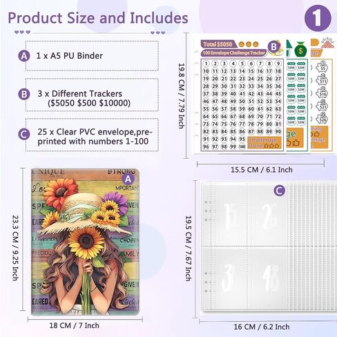 100 Envelopes Money Saving Challenge Binder, A5 Budget Binder with 25 pcs Cash Envelopes, 3 pcs Reusable Laminated Trackers Saving, Money Organizer，Black Girl African Women Girl Sunflower in Kuwait