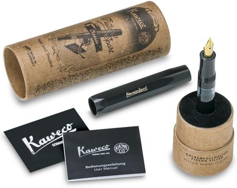 Kaweco PISTON SPORT CLASSIC Black/Gold I Premium Plastic Fountain Pen for Ink Bottles with Transparent Ink Window in Nostalgic Box I Exclusive Piston Filler 13 cm I Nib: F (Fine) in Kuwait