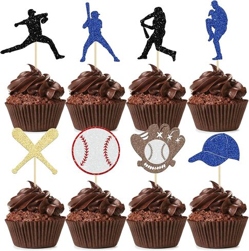24Pcs Baseball Cupcake Toppers Glitter Baseball Players Sports Theme Cupcake Picks Baseball Sport Theme Baby Shower Kids Birthday Party Cake Decorations Supplies in Kuwait