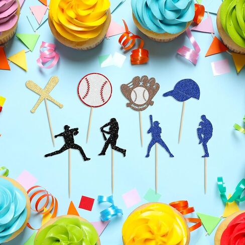24Pcs Baseball Cupcake Toppers Glitter Baseball Players Sports Theme Cupcake Picks Baseball Sport Theme Baby Shower Kids Birthday Party Cake Decorations Supplies in Kuwait