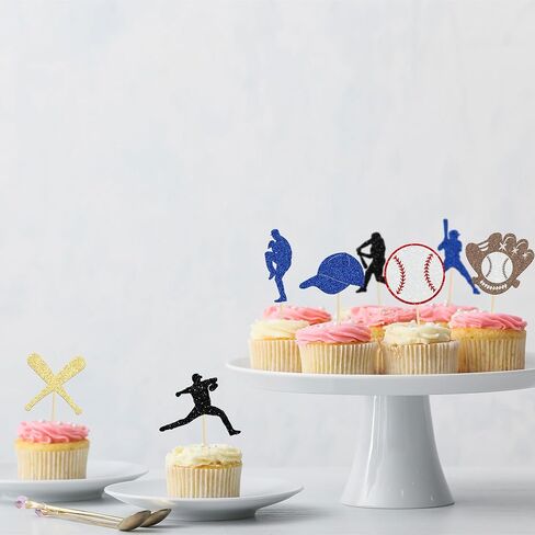 24Pcs Baseball Cupcake Toppers Glitter Baseball Players Sports Theme Cupcake Picks Baseball Sport Theme Baby Shower Kids Birthday Party Cake Decorations Supplies in Kuwait