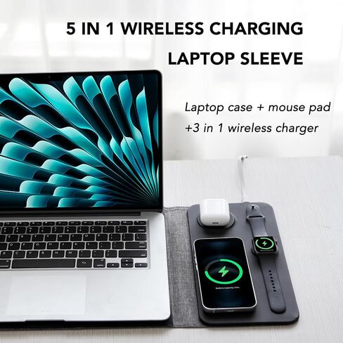 5 in 1 Laptop Sleeve with Wireless Charging12-14, Charge 3 Devices at Once, PU Leather Laptop Bag with Pocket (Black) in Saudi Arabia