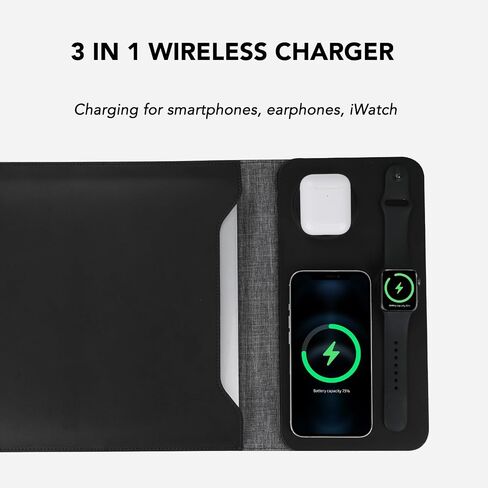5 in 1 Laptop Sleeve with Wireless Charging12-14, Charge 3 Devices at Once, PU Leather Laptop Bag with Pocket (Black) in Saudi Arabia