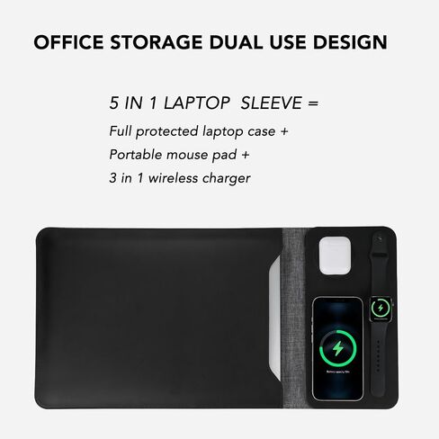 5 in 1 Laptop Sleeve with Wireless Charging12-14, Charge 3 Devices at Once, PU Leather Laptop Bag with Pocket (Black) in Saudi Arabia