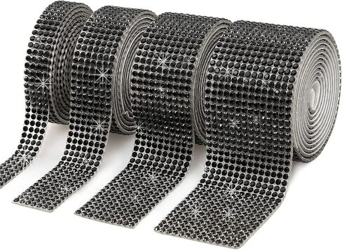 4 Rolls Self-Adhesive Rhinestone Diamond Crystal Ribbon,Bling DIY Decoration Sticker with 2 mm Rhinestones for Wedding,Birthday and Gift Decoration,Phone,Laptop,Car Interior (Black, 4yards) in Kuwait
