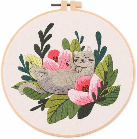 Meecaa Cat Flowers Animal Embroidery Kit Starter Set, Hand Embroidery Set,Pattern Printed Cross Stitch Set for Beginner Adults, with Embroidery Hoop and Instructions (Cat) in Saudi Arabia