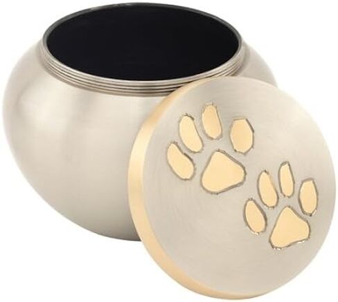 Paw Print Round Pet Cremation Urn for Ashes in Gray, Brass, Large, Dog, Cat, 4.75 Inches High in Kuwait