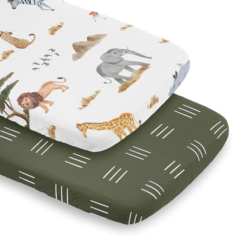 مجموعة ملاءات سرير الأطفال من Sweet Jojo Designs Jungle Animals Boy Girl محايدة للجنسين، مجموعة ملاءات سرير للأطفال الرضع حديثي الولادة وحضانة الأطفال الصغار، مرتبة قياسية 2P Green Boho Wildlife Safari Animal الفيل in Kuwait