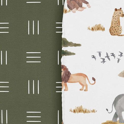مجموعة ملاءات سرير الأطفال من Sweet Jojo Designs Jungle Animals Boy Girl محايدة للجنسين، مجموعة ملاءات سرير للأطفال الرضع حديثي الولادة وحضانة الأطفال الصغار، مرتبة قياسية 2P Green Boho Wildlife Safari Animal الفيل in Kuwait