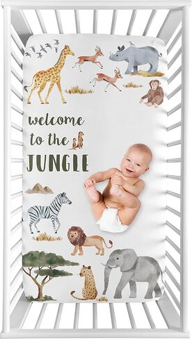 مجموعة ملاءات سرير الأطفال من Sweet Jojo Designs Jungle Animals Boy Girl محايدة للجنسين، مجموعة ملاءات سرير للأطفال الرضع حديثي الولادة وحضانة الأطفال الصغار، مرتبة قياسية 2P Green Boho Wildlife Safari Animal الفيل in Kuwait