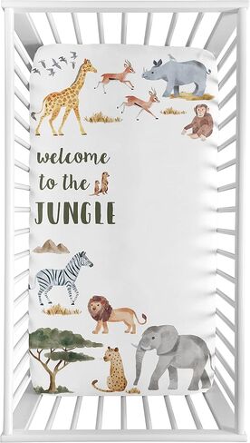 مجموعة ملاءات سرير الأطفال من Sweet Jojo Designs Jungle Animals Boy Girl محايدة للجنسين، مجموعة ملاءات سرير للأطفال الرضع حديثي الولادة وحضانة الأطفال الصغار، مرتبة قياسية 2P Green Boho Wildlife Safari Animal الفيل in Kuwait