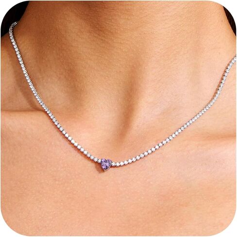 AllenCOCO Heart Birthstone Tennis Necklace for Women, Sterling Silver AAAAA+ CZ Chain Heart Crystal Pendant Necklace Dainty Silver Birthstone Choker Necklace Birthday Valentines Day Christmas Gifts in Kuwait