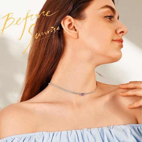 AllenCOCO Heart Birthstone Tennis Necklace for Women, Sterling Silver AAAAA+ CZ Chain Heart Crystal Pendant Necklace Dainty Silver Birthstone Choker Necklace Birthday Valentines Day Christmas Gifts in Kuwait