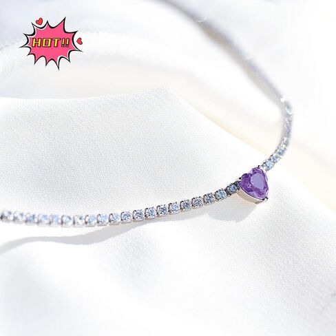 AllenCOCO Heart Birthstone Tennis Necklace for Women, Sterling Silver AAAAA+ CZ Chain Heart Crystal Pendant Necklace Dainty Silver Birthstone Choker Necklace Birthday Valentines Day Christmas Gifts in Kuwait