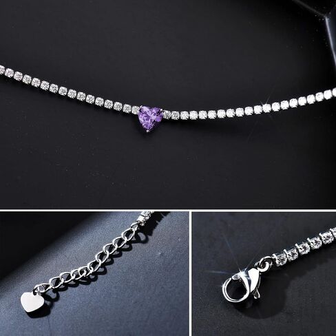 AllenCOCO Heart Birthstone Tennis Necklace for Women, Sterling Silver AAAAA+ CZ Chain Heart Crystal Pendant Necklace Dainty Silver Birthstone Choker Necklace Birthday Valentines Day Christmas Gifts in Kuwait
