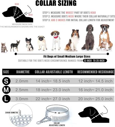 Dog Chain Collar Metal Martingale Anti Chew Training Collars Chew Proof, Chrome Plated, 2 Link for Small Medium Large Dogs (Silver, Large(for Neck 20-25'')) in Kuwait