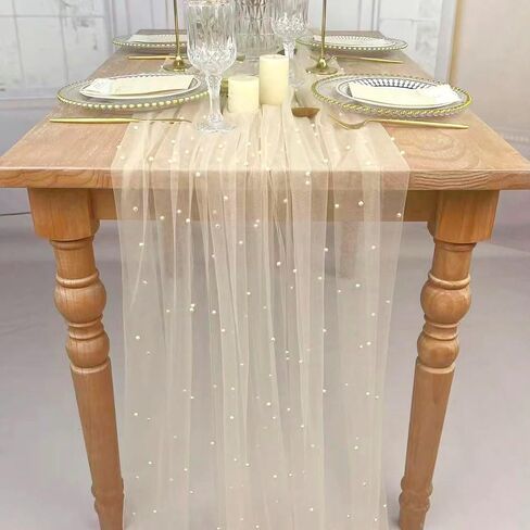 4 قطع 10 أقدام 60 × 120 بوصة مفرش طاولة لؤلؤ الشمبانيا أنيق من البوليستر مع لمسات من اللؤلؤ الاصطناعي مفرش طاولة طويل جدًا من التول لحفلات الزفاف in Kuwait