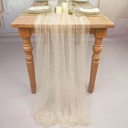 4 قطع 10 أقدام 60 × 120 بوصة مفرش طاولة لؤلؤ الشمبانيا أنيق من البوليستر مع لمسات من اللؤلؤ الاصطناعي مفرش طاولة طويل جدًا من التول لحفلات الزفاف in Kuwait