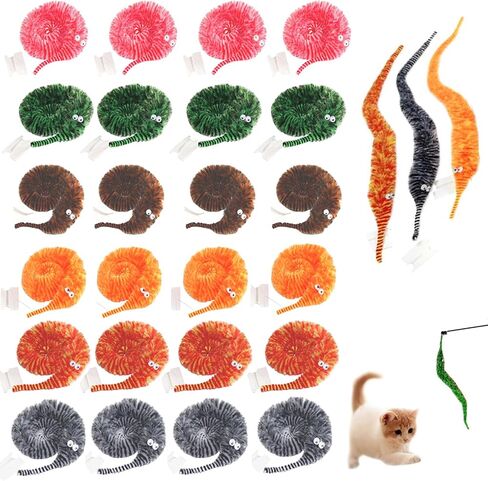 24 PCS Cat Worm Toy Zebra Print Feather Worm Worm Delleser Conflies Cat Cat Cat Presentive Wand Accessories for Fishing Toy Toy Teaser للقطط الداخلية هريرة in Kuwait