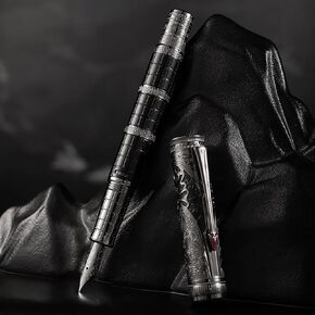 Hongdian D5 Qin Dynasty Fountain Pen Red Silver, Extra Fine Nib Piston Filling Pen, Retro Chinese Totem Engraving Smooth Writing Pen with Pen Box Set