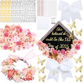 50 PCS DIY تخرج التخرج كبسولات مجموعة 2025 شملت إكليل الزهور الوردي مع القوس الأبيض محاكاة رأس الزهرة ثلاثية الفراشة ملصقات لزجة راينستون بريق ملصقات للفن