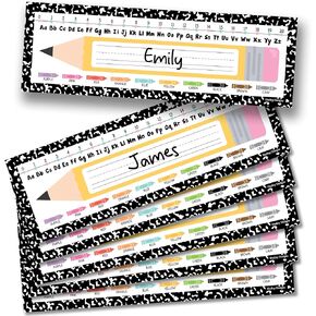 36 Name Tags for Classroom Desks - 14.5 x 4.5" Desk Name Plates for Classroom, Student Name Tags for Desk Kindergarten, Preschool, 1st, 2nd and 3rd Grade - Composition Notebook Theme Classroom Decor
