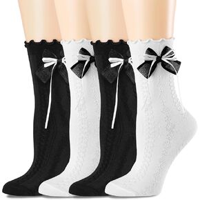 4 Pack Womens Ruffle Crew Socks Cute Lace Bow-Knot Princess Socks Cotton Casual Frilly Black White Frilly Socks Soft Breathable Elegant Party Socks for Girls