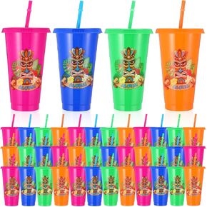 36 PCS البلاستيك Tiki Cups 24 Oz Hawaiian Tumbler with Lid and Straw Bulk Tiki Tiki Coups Coups Mai Tai Gloats Luau Gater for Cocktails Party Drink Coffee Travel Supplies