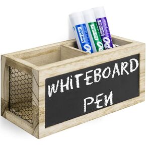 MyGift Rustic Beige Wood Magnetic Whiteboard Marker Holder, Dry Erase Markers and Eraser Storage Box with Chalkboard Front Panel and Mesh Metal Wire Side Panels