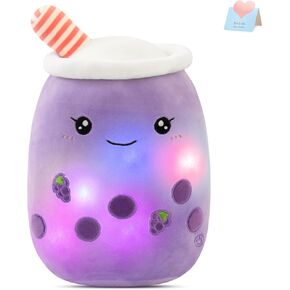 Athoinsu Light Up Grape Milky Tea Plush Pillow 15'' Kawaii Stuffed Bubble Animal Toy with LED Lights Birthday Christmas Holiday Valentines Gifts for Kids,Girls,Boys