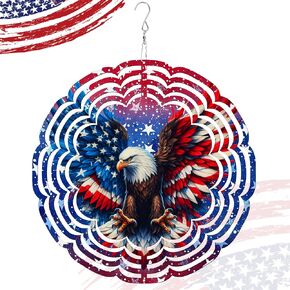 American Flag Wind Spinner,4th of July Wind Spinners, 3D Metal Wind Catchers with Iron Hook for Independence Day Party Supplies Outdoor Indoor Pendant Garden Decor (Five-Pointed Star)