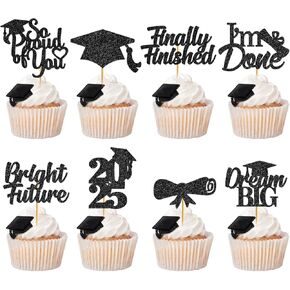 تخرج Cupcake Toppers 2025 فئة زخارف التخرج من 2025 Cupcake يختار Grad Cupcake Toppers 2025 تهانينا ديكورات الحفلات 2025 (40pcs Black Glitter)