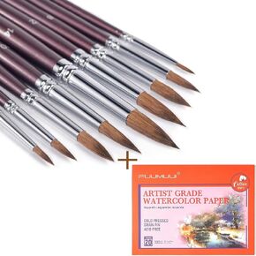 Fuumuui 9pcs Sable ألوان مائية الفرش التفاصيل ل Mop Kolinsky Sable مع 20 ورقة 9 "× 12" 100 ٪ من القطن مضغوط 140 رطل/300GSM لوحة ألوان مائية