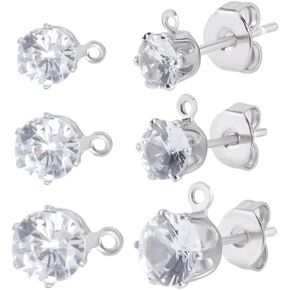 Beebeecraft 1 Box 30PCS Cubic Zirconia Carring Posts مع حلقة 925 Sterling Silver Consring Strings For DIY Making (5/7.5/9mm)