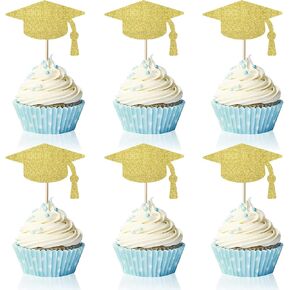 24pcs Grad Cupcake Topper -24pcs Black Glitter Treguation Hat- التخرج لحفلات التخرج مصغرة لتزيين الكعكة (أسود)