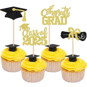 24 PCS PROM 2025 Cupcake Toppers Glitter Cratrats Class of 2025 Cupcake يختار التخرج ديكورات حفلات التخرج لعام 2025 تخرج حفلة موسيقية للحفلات.