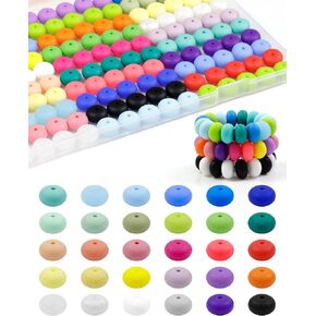 FIVEIZERO 180Pcs 14mm 30 Colos Silicone Lentil Beads and 2 Rolls Elastic Bracelet String Total 330 Feet,1.0mm,1.2mm,1.5mm Elastic Beading Cord Stretchy String with Scissors