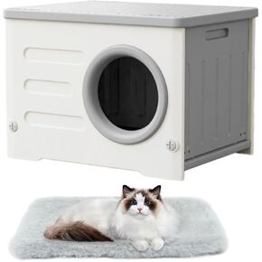 Weatherproof Stackable Cat House - Insulated & Waterproof Elevated Shelter for Indoor & Outdoor Cats Plastic Pet House Cat Wave with Bed Cushion(Grey Large) in Kuwait