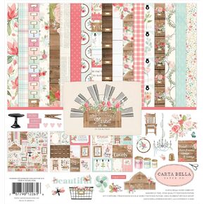 Carta Bella Paper Company Farmhouse Market Collection Kit Paper ، Pink ، Teal ، Black ، Woodgrain ، Cream ، 12-X-12 Inch
