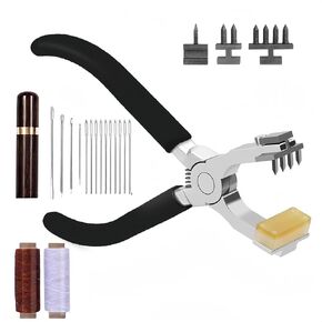 Stitching Hole Puncher, Leather Stitching Punch Silent Hand Plier Tool, Leather DIY Craft Tool with 1/2/4 Teeth Punch Head Sewing Needles and Case for Belts Straps Saddles Bands