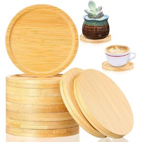 10 Pieces 3.74 Inch Round Bamboo Coaster Drink Small Bamboo Saucers Plant Trays Tabletop Planters Protection Decoration